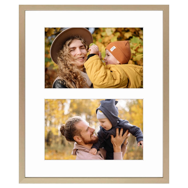 Frametory - 8x10 Aluminum Collage Picture Frame - Display 4x6 Pictures with 2 Openings Mat - Real Glass Front - with Easel Stand for Horizontal/Vertical Wall Mount - Gold 1 Pack - Image 1